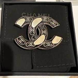 Chanel Silver Black Brooch comes with original box and bag